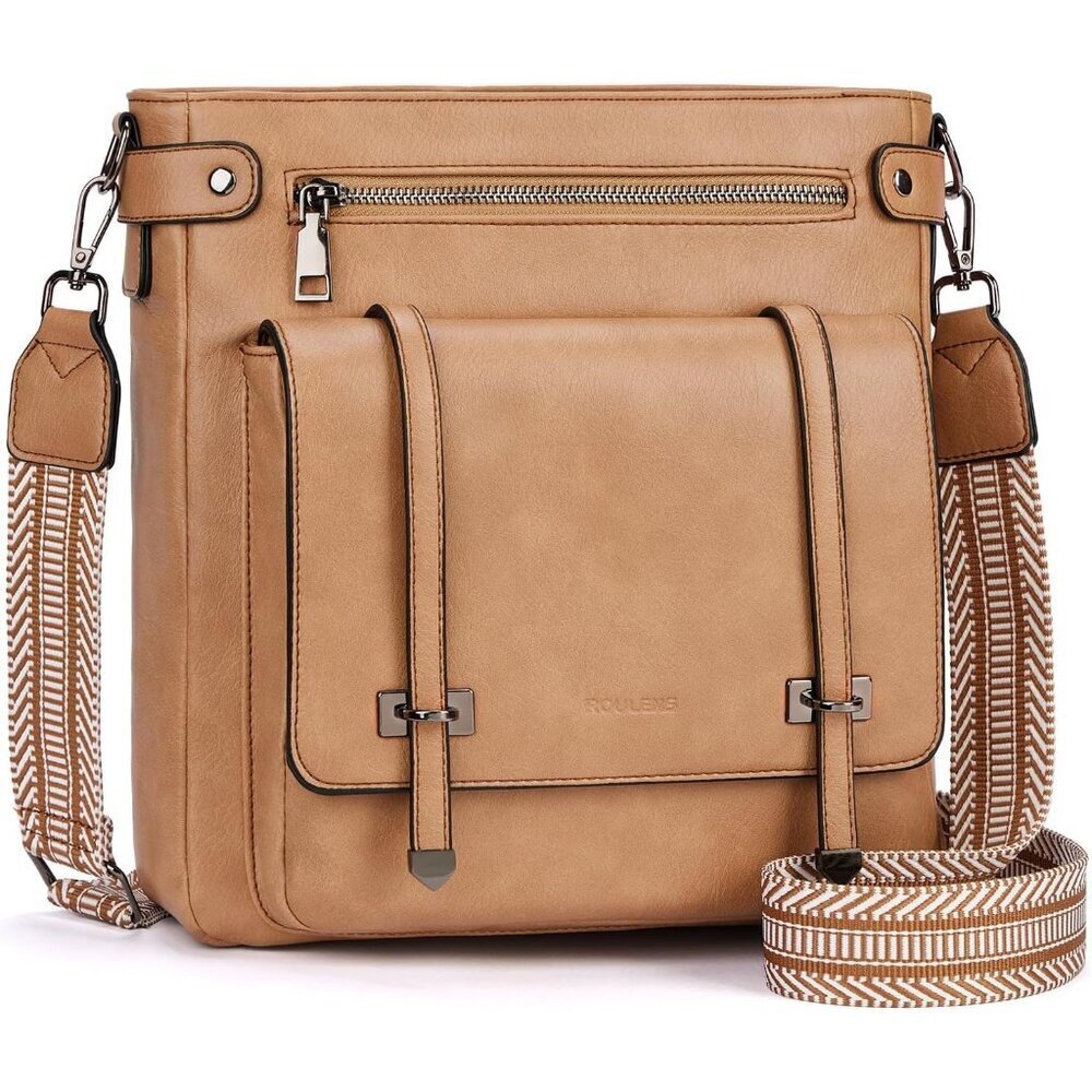 Women’s Khaki Leather Multi-Pocket Travel Purse Crossbody Bag